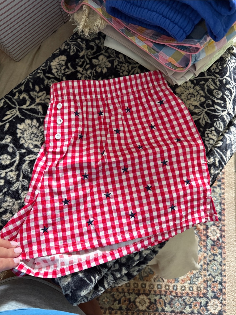 Zoe + Liv Red Gingham Mini Skirt with Navy Star Embroidery